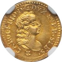 German States coin 1/4 Dukat - Karl Friedrich (1711) obverse obverse of 1/4 Dukat - Karl Friedrich (1711) coin with KM# 207 from German States. Inscription: CAROL.FRID.D.G.DVX SVPR.SLES.