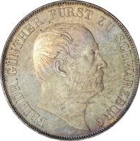 obverse of 1 Vereinstaler - Friedrich Günther - 50th Anniversary of Reign (1864) coin with KM# 179 from German States. Inscription: FRIEDR.GÜNTHER FÜRST ZU SCHWARZBURG