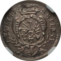 German States coin 1 Kreuzer - Friedrich II (1745 - 1747) reverse reverse of 1 Kreuzer - Friedrich II (1745 - 1747) coin with KM# 912 from German States. Inscription: A.E.D. 1747 S SILESI 1