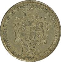 German States coin 30 Kreuzer - Christian August - Death of Karl Christian Friedrich (1768) obverse obverse of 30 Kreuzer - Christian August - Death of Karl Christian Friedrich (1768) coin with KM# 31 from German States. Inscription: V.G.G.CHRIST.AUG.GRAF ZU SOLMS LAUBACH.
