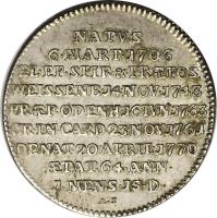 German States coin 1/8 Thaler - August Philipp - Death of Franz Christoph (1770) reverse reverse of 1/8 Thaler - August Philipp - Death of Franz Christoph (1770) coin with KM# 66 from German States. Inscription: NATVS 6.MAR.1706 EL.EP.SPIR.&.PRAEPOS. WEISSENB.14.NOV.1743 PRAEP.ODENH.16.IVN.1763 CR.IN.CARD.23.NOV1761 DENAT.20.APRIL.1770 AETAT.