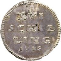 German States coin 16 Schilling - Swedish Occupation (1715) reverse reverse of 16 Schilling - Swedish Occupation (1715) coin with KM# 201 from German States. Inscription: XVI SCHIL LING 1715