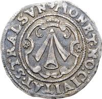 German States coin 1/16 Thaler / 1 Düttchen - Swedish Occupation (1646 - 1660) obverse obverse of 1/16 Thaler / 1 Düttchen - Swedish Occupation (1646 - 1660) coin with KM# 118 from German States. Inscription: MONET.NO:CIVITAT.STRALSVN