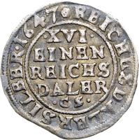 German States coin 1/16 Thaler / 1 Düttchen - Swedish Occupation (1646 - 1660) reverse reverse of 1/16 Thaler / 1 Düttchen - Swedish Occupation (1646 - 1660) coin with KM# 118 from German States. Inscription: REICHSTHALER SILBER.1647 .XVI. EINEN REICHS DALER