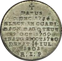 German States coin 1/4 Thaler - Max Franz - Death of the Grandmaster (1801) reverse reverse of 1/4 Thaler - Max Franz - Death of the Grandmaster (1801) coin with KM# 157 from German States. Inscription: NATUS 8.DEC:1756 ELECT:IN COADI: MAGN:MAG:O:TEUT. 3.OCT:1769 INAUG:23OCT.1780 DENAT.26/27IUL: 1801 R:I:P