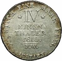 German States coin 1/4 Thaler - Friedrich (1810) reverse reverse of 1/4 Thaler - Friedrich (1810) coin with KM# 59 from German States. Inscription: 53 ⅓ STUCK EINE MARK FINE. IV EINEN THALER 1810. F.W. IUSTIRT.