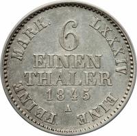 German States coin 1/6 Reichsthaler - Georg Friedrich Heinrich (1837 - 1845) reverse reverse of 1/6 Reichsthaler - Georg Friedrich Heinrich (1837 - 1845) coin with KM# 150 from German States. Inscription: LXXXIV EINE FEINE MARK. 6 EINEN THALER 1845 A
