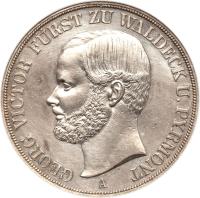 German States coin 2 Thaler / 3 1/2 Gulden - Georg Victor (1856) obverse obverse of 2 Thaler / 3 1/2 Gulden - Georg Victor (1856) coin with KM# 177 from German States. Inscription: GEORG VICTOR FÜRST ZU WALDECK U. PYRMONT A