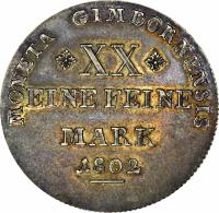 German States coin 1/2 Reichsthaler - Johann Ludwig (1802) reverse reverse of 1/2 Reichsthaler - Johann Ludwig (1802) coin with C# 2 from German States. Inscription: MONETA GIMBORNENSIS XX EINE FEINE MARK 1802