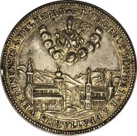 German States coin 1 Thaler - Franz - Ascession of Prince-Bishop August Philipp (1765) reverse reverse of 1 Thaler - Franz - Ascession of Prince-Bishop August Philipp (1765) coin with KM# 72 from German States. Inscription: S · LUDGERUS FUNDATOR ABBATIARUM WERDINENSIS · & · HELMSTAD