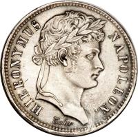 German States coin 2 Francs - Jerome Napoleon (1808) obverse obverse of 2 Francs - Jerome Napoleon (1808) coin with KM# 100 from German States. Inscription: HIERONYMUS NAPOLEON. Tiolier