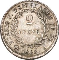German States coin 2 Francs - Jerome Napoleon (1808) reverse reverse of 2 Francs - Jerome Napoleon (1808) coin with KM# 100 from German States. Inscription: KOENIG V. WESTPHALEN FR.PR. 2 FRANK. 1808. J