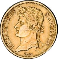 obverse of 20 Francs - Jerome Napoleon (1808 - 1809) coin with KM# 102 from German States. Inscription: HIERONYMUS NAPOLEON. Tiolier
