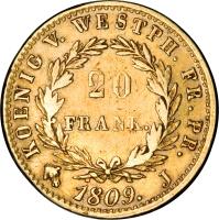 German States coin 20 Francs - Jerome Napoleon (1808 - 1809) reverse reverse of 20 Francs - Jerome Napoleon (1808 - 1809) coin with KM# 102 from German States. Inscription: KOENIG V. WESTPH. FR. PR. 20 FRANK. 1809. J