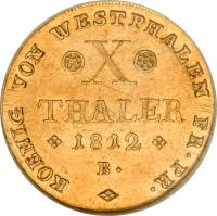 reverse of 10 Thaler - Jerome Napoleon (1811 - 1813) coin with KM# 124 from German States. Inscription: KOENIG VON WESTPHALEN FR · PR · X THALER 1812 B ·