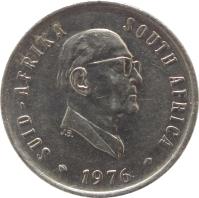 obverse of 5 Cents - Jacobus J. Fouché (1976) coin with KM# 93 from South Africa. Inscription: SUID-AFRIKA SOUTH AFRICA 1976 JB