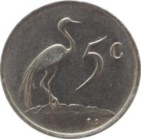 reverse of 5 Cents - Jacobus J. Fouché (1976) coin with KM# 93 from South Africa. Inscription: 5c T.S.