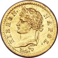 German States coin 10 Francs - Jerome Napoleon (1813) obverse obverse of 10 Francs - Jerome Napoleon (1813) coin with KM# 126 from German States. Inscription: HIERON · NAPOL. Tiolier