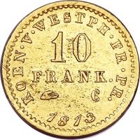 German States coin 10 Francs - Jerome Napoleon (1813) reverse reverse of 10 Francs - Jerome Napoleon (1813) coin with KM# 126 from German States. Inscription: KOEN · V · WESTPH · FR · PR. 10 FRANK. C 1813