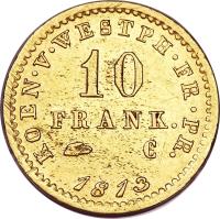 reverse of 10 Francs - Jerome Napoleon (1813) coin with KM# 126 from German States. Inscription: KOEN · V · WESTPH · FR · PR. 10 FRANK. C 1813