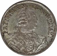 German States coin 1/6 Reichsthaler - Friedrich Alexander (1752 - 1756) obverse obverse of 1/6 Reichsthaler - Friedrich Alexander (1752 - 1756) coin with KM# 43 from German States. Inscription: FRID.ALEX. COM.WEDAE.