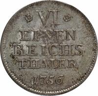 German States coin 1/6 Reichsthaler - Friedrich Alexander (1752 - 1756) reverse reverse of 1/6 Reichsthaler - Friedrich Alexander (1752 - 1756) coin with KM# 43 from German States. Inscription: VI EINEN REICHS THALER 1756