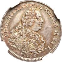 German States coin 1/4 Gulden - Friedrich Alexander (1753) obverse obverse of 1/4 Gulden - Friedrich Alexander (1753) coin with KM# 56 from German States. Inscription: FRID.ALEX.COMES WEDAE R. ET I. 1753