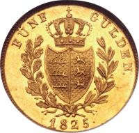 German States coin 5 Gulden - Wilhelm I (1825) reverse reverse of 5 Gulden - Wilhelm I (1825) coin with KM# 563 from German States. Inscription: FÜNF GULDEN. 1825 ·