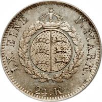 German States coin 24 Kreuzer - Wilhelm (1824 - 1825) reverse reverse of 24 Kreuzer - Wilhelm (1824 - 1825) coin with KM# 550 from German States. Inscription: LX. EINE F.MARK. 24.K