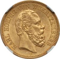 German States coin 20 Mark - Karl I (1872 - 1873) obverse obverse of 20 Mark - Karl I (1872 - 1873) coin with KM# 622 from German States. Inscription: KARL KOENIG VON WUERTTEMBERG