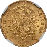 German States coin 20 Mark - Karl I (1872 - 1873) reverse reverse of 20 Mark - Karl I (1872 - 1873) coin with KM# 622 from German States. Inscription: DEUTSCHES REICH 20 M. 1872