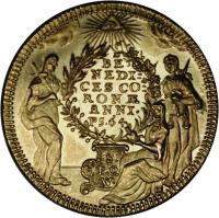 German States coin 1 Goldgulden - Adam Friedrich (1755) reverse reverse of 1 Goldgulden - Adam Friedrich (1755) coin with KM# 347 from German States. Inscription: BE NEDI: CES CO: RON AE ANNI. PS.64