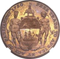 Gold Coast coin 1 Ackey - George III (1796) reverse reverse of 1 Ackey - George III (1796) coin with KM# Tn7 from Gold Coast. Inscription: FREE TRADE TO AFRICA.BY ACT.OF PARLIAMENT.1750.