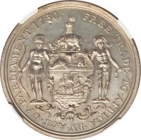 Gold Coast coin 1 Ackey - George III (1818) reverse reverse of 1 Ackey - George III (1818) coin with KM# 9 from Gold Coast. Inscription: FREE.TRADE.TO.AFRICA.BY.ACT.OF.PARLIAMENT.1750.