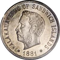 obverse of 5 Cents - Kalākaua (1881) coin with KM# 2 from Hawaii. Inscription: KALAKAUA KING OF SANDWICH ISLANDS 1881