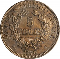 reverse of 5 Reales (1870) coin with KM# Pn12 from Honduras.