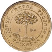 reverse of 1 Peso (1862) coin with KM# Pn1 from Honduras. Inscription: *LIBRE CREZCA FECUNDO* 1 Po T*1862*A