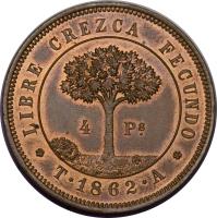 reverse of 4 Pesos (1862) coin with KM# Pn3 from Honduras.