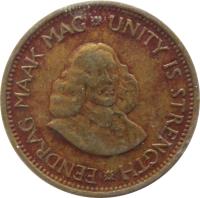 South Africa coin 1/2 Cent (1961 - 1964) obverse obverse of 1/2 Cent (1961 - 1964) coin with KM# 56 from South Africa. Inscription: EENDRAG MAAK MAG * UNITY IS STRENGTH