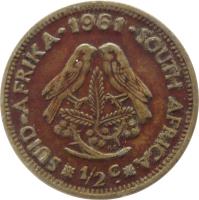 South Africa coin 1/2 Cent (1961 - 1964) reverse reverse of 1/2 Cent (1961 - 1964) coin with KM# 56 from South Africa. Inscription: SUID-AFRIKA · 1961 · SOUTH · AFRICA KG 1/2C.