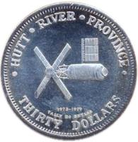 reverse of 30 Dollars - Leonard I - Skylab (1979) coin with X# 11 from Hutt River. Inscription: · HUTT · RIVER · PROVINCE · 1973-1979 TALLY HO SKYLAB THIRTY DOLLARS