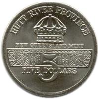 Hutt River coin 5 Dollars - Leonard I - U.S. Coast Guard Support (1991) obverse obverse of 5 Dollars - Leonard I - U.S. Coast Guard Support (1991) coin with X# 66 from Hutt River. Inscription: HUTT RIVER PROVINCE NEW QUEENSLAND MINT 5 FIVE DOLLARS