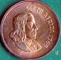 obverse of 1 Cent - SOUTH AFRICA (1965 - 1969) coin with KM# 65.1 from South Africa. Inscription: SOUTH AFRICA 1965 T.S.