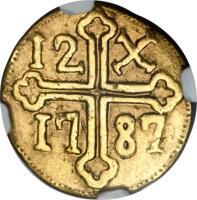 reverse of 12 Xerafins - Maria I & Pedro III - Goa mint (1781 - 1787) coin with KM# 187 from India. Inscription: 12 X 17 87