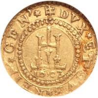 reverse of 1 Doppia - Conrad II (1557 - 1637) coin with KM# 14 from Italian States. Inscription: DVX ET GVB REIP GENV