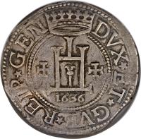 obverse of 1 Scudo - Conrad II (1567 - 1637) coin with KM# 25 from Italian States. Inscription: +DVX + ET + GVB + REIP + GEN.