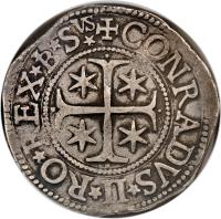 reverse of 1 Scudo - Conrad II (1567 - 1637) coin with KM# 25 from Italian States. Inscription: + CONRADVS + II + RO + REX +