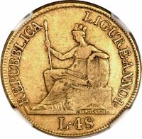 Italian States coin 48 Lire (1798 - 1804) obverse obverse of 48 Lire (1798 - 1804) coin with KM# 269 from Italian States. Inscription: REPUBLICA · LIGURE · AN · I H. Vassallo L. 48