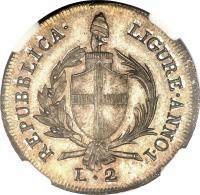 obverse of 2 Lire (1798) coin with KM# 264 from Italian States. Inscription: REPUBBLICA. LIGURE. ANNO. I. L. 2