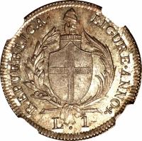 Italian States coin 1 Lira (1798) obverse obverse of 1 Lira (1798) coin with KM# 263 from Italian States. Inscription: REPUBBLICA. LIGURE. ANNO. I. L. 1